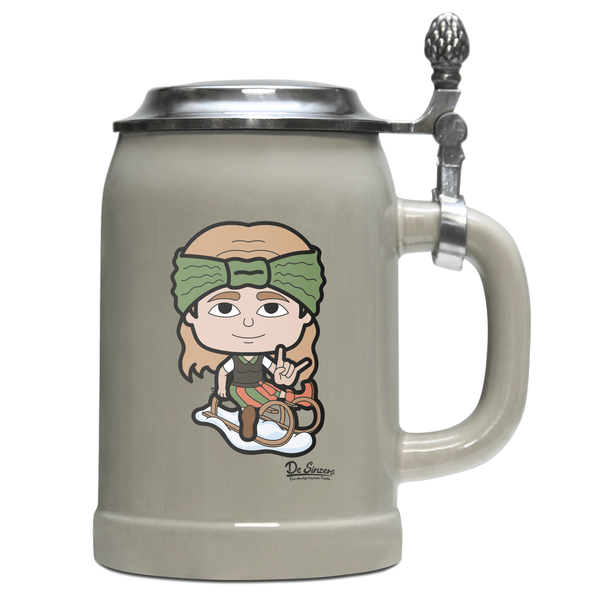 Die Sinzerin Winter Edition Bierkrug 500ml Grau mit Deckel Hocheck Front