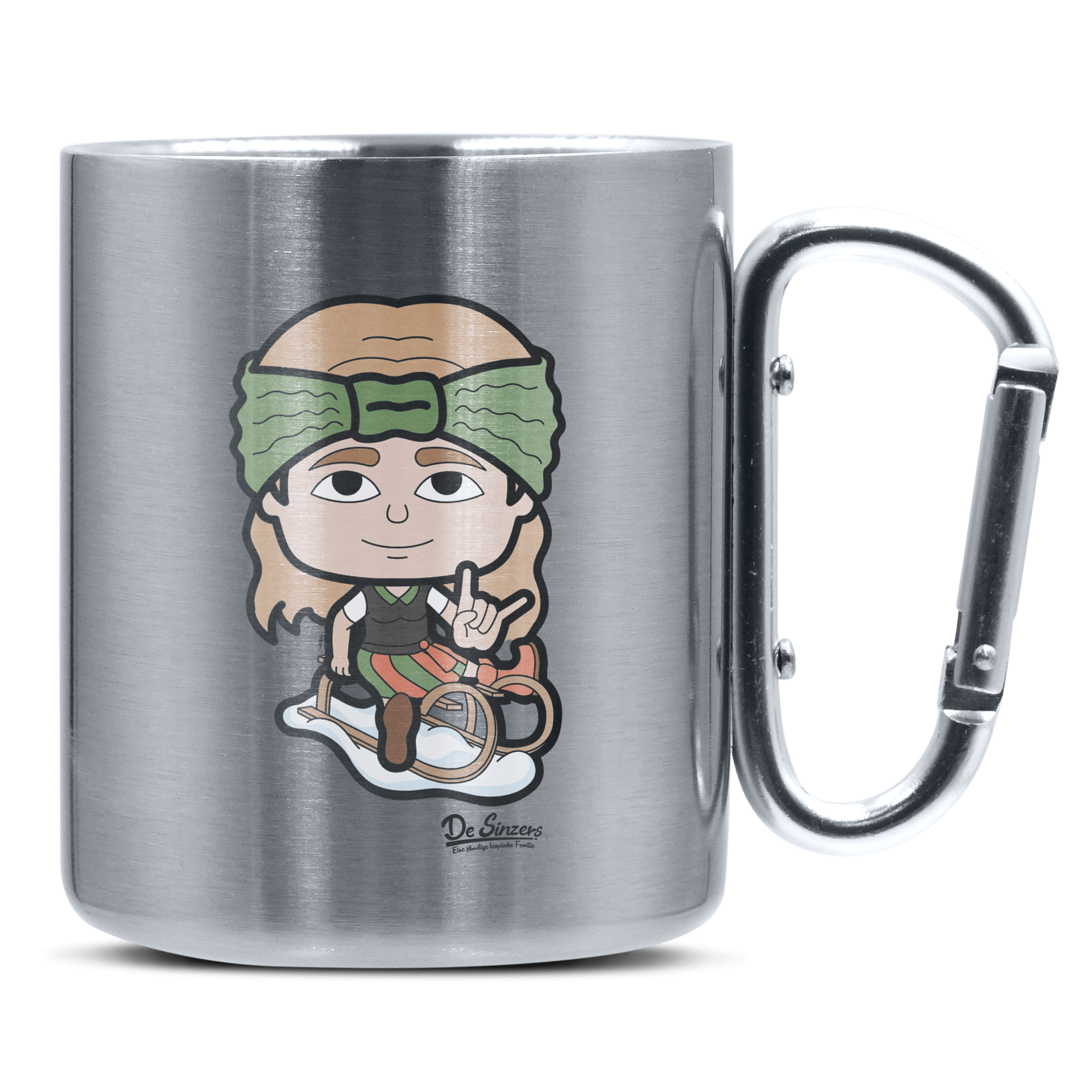 Die Sinzerin Winter Edition Edelstahl Kaffeetasse silberer Karabiner 320ml Grosser Traithen Front