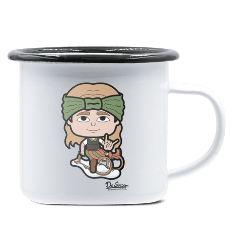 Die Sinzerin Winter Edition Emaille Tasse 375ml Weiss Schwarz Hochries Front